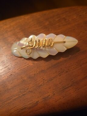 Opalescent Leaf Pin with Gold 'June' Script